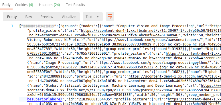 Screenshot of the Postman response UI with the raw, unformatted JSON text
