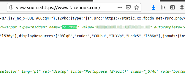 Screenshot showing the section of the Facebook source code where the dtsg token lives